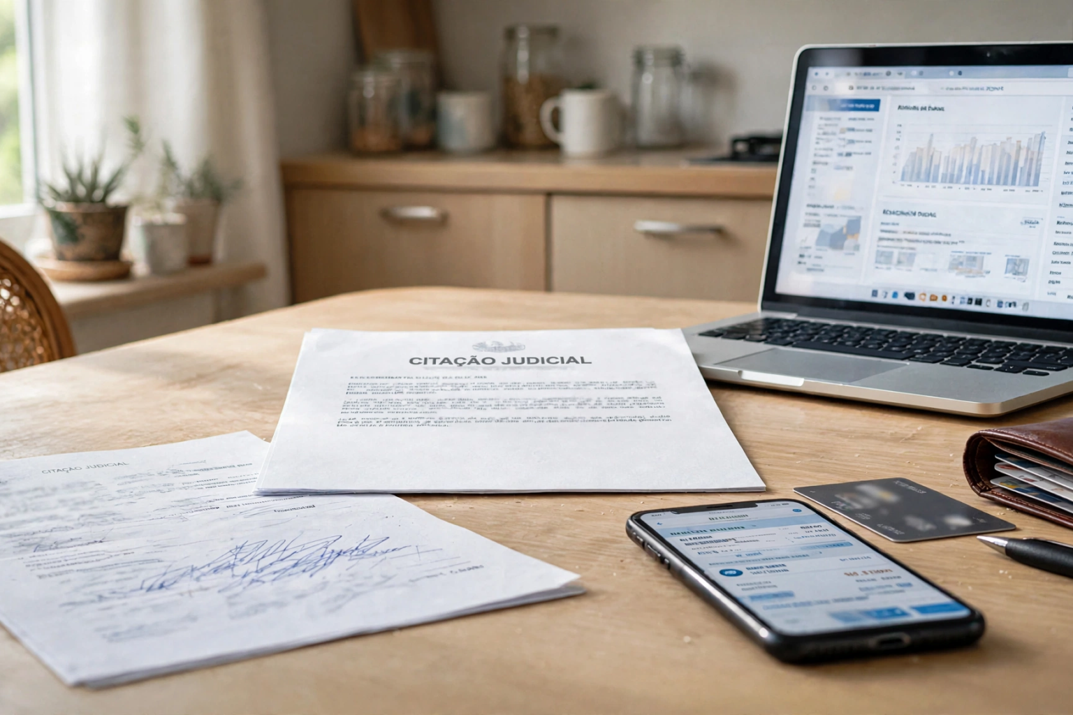 Documentos bancários e notebook sobre mesa para análise de ação monitória