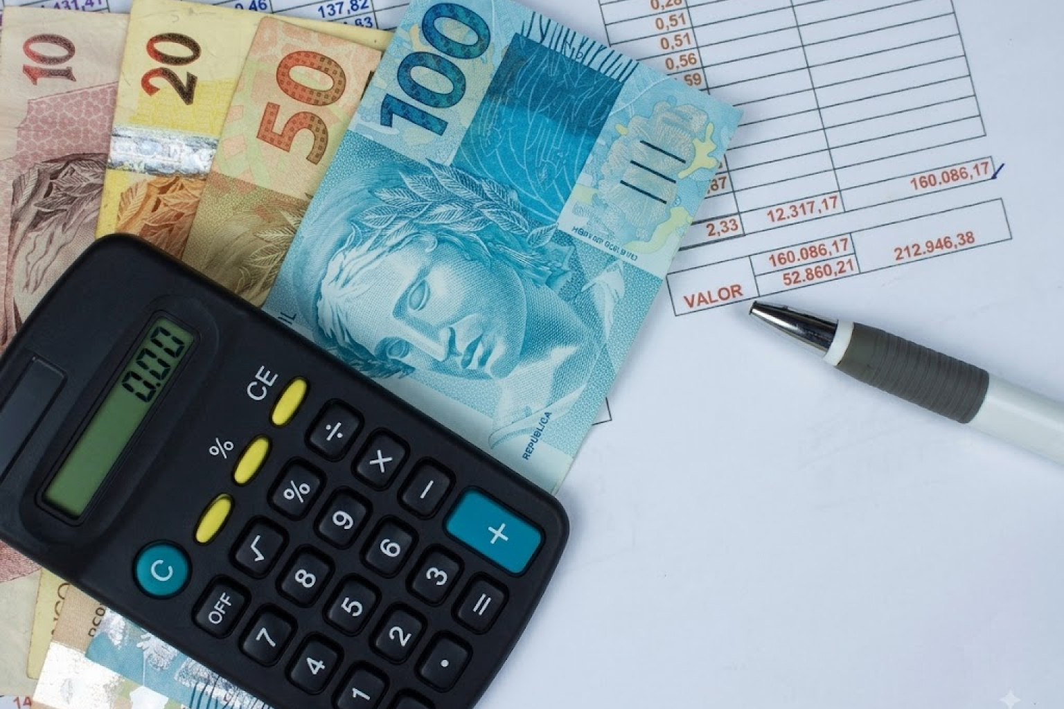 Notas de dinheiro, cartão bancário e calculadora para avaliar acordo de dívida